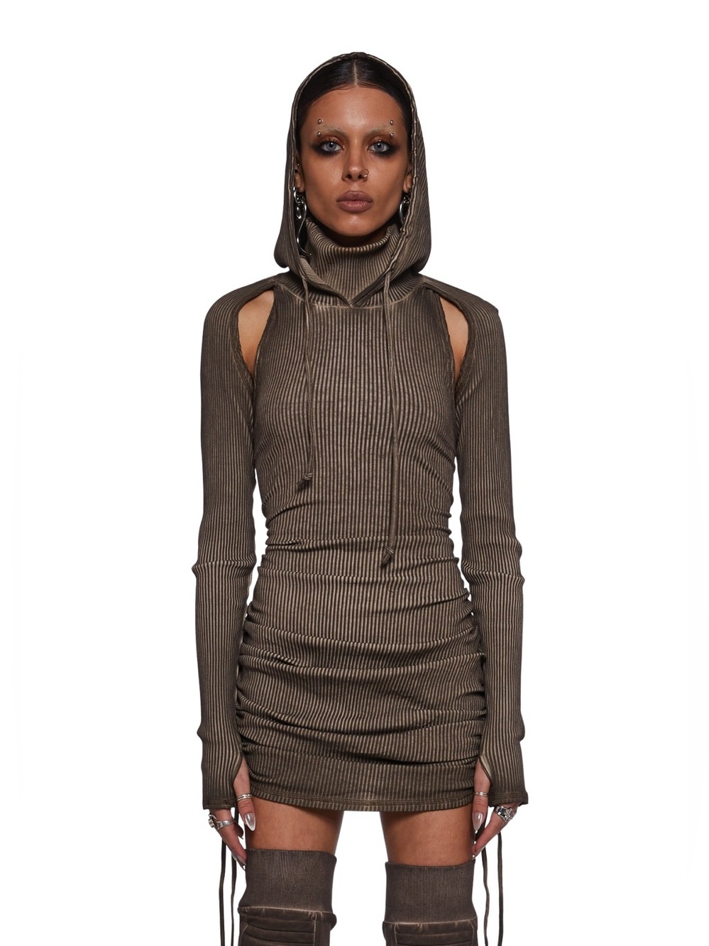 Dolls Kill Darker Wavs Dress Womens Size S Brown Hooded Ribbed Cutout Ruched